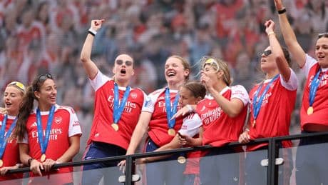 Arsenal celebrate 'magic' Women's Champions League win with fans outside Emirates Stadium