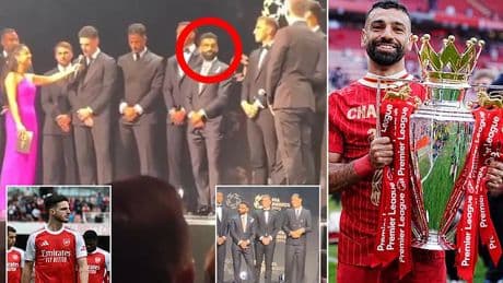 Mo Salah's cheeky reaction to Declan Rice goes viral as fans spot Arsenal jibe at PFA Awards