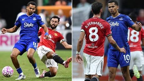 Bruno Fernandes and Iliman Ndiaye come to blows in fiery clash as Everton hold Man United to 2-2 draw in Atlanta