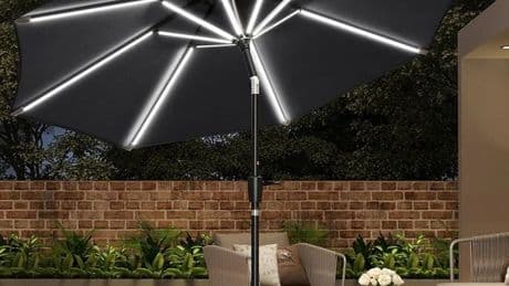 Solar patio umbrella that keeps home workers in the shade and lights up gardens is now 73% off