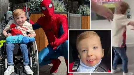 Young boy given 'strength by Spider-Man' to walk unassisted for first time after meeting hero