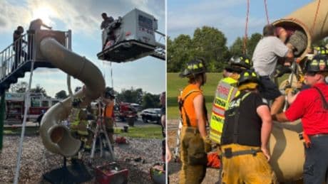 Firefighters forced to cut open child’s playground slide to release middle-aged man stuck inside