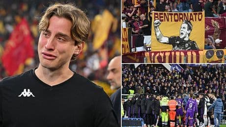 Fiorentina star Edoardo Bove breaks down in tears as he makes an emotional return just months after suffering cardiac arrest on the pitch