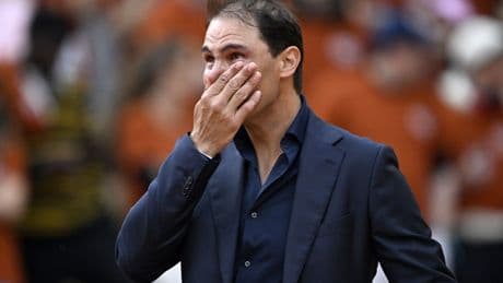 Rafael Nadal bursts into tears during French Open tennis farewell speech as three legends of the sport join him on court