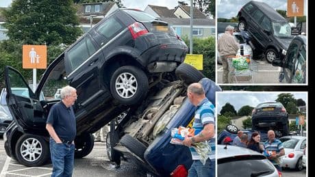 Shoppers gobsmacked after bizarre Land Rover smash leaves one motor mounted on top of another