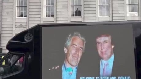 Van showing Trump and Epstein picture driven round Aberdeen as US president visits Scotland