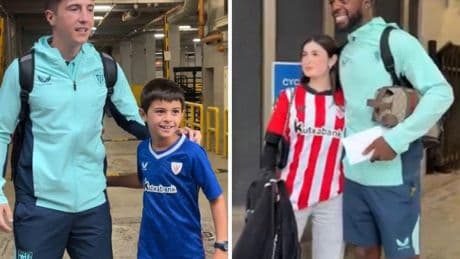 Niños athleticzales arropan al Athletic a su llegada a Liverpool