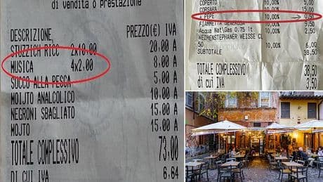 Italian restaurant sparks fury by charging eight euros for background music while pizzeria charges 45p for a grind of pepper