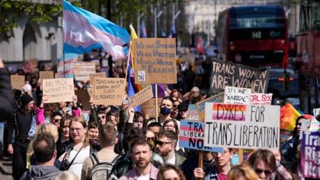 Thousands protest landmark gender court ruling in outcry against ‘betrayal’ of trans community