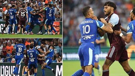 Getting shirty, lads! Mason Greenwood has his jersey RIPPED by Tyrone Mings as pair clash in tetchy pre-season showdown between Marseille and Aston Villa