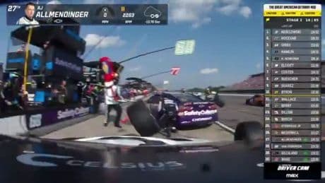 Terrifying moment Nascar mechanic is struck by flying tire during pit stop in heart-stopping accident