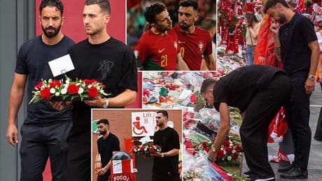Bruno Fernandes, Diogo Dalot and Ruben Amorim lay flowers at Anfield memorial as Man United pay tribute to Liverpool star Diogo Jota and his brother Andre Silva