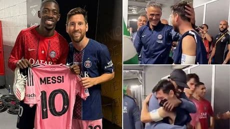 Lionel Messi is consoled by Ousmane Dembele and other former team-mates after Inter Miami crash out of the Club World Cup in PSG thrashing
