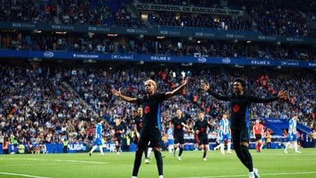 Barcelona win LaLiga at Espanyol as fierce rivals turn sprinklers on to dampen celebration before Hansi Flick intervenes