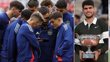 Spain stars huddle around a phone to watch compatriot Carlos Alcaraz's dramatic French Open win over Jannik Sinner ahead of Nations League final