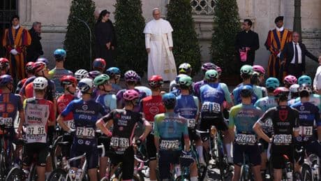 Pope Leo XIV blesses cyclists competing in the Giro d'Italia as final stage enters Vatican gardens