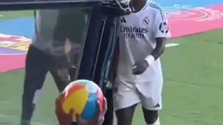Furious Vinicius Jr loses it at Barcelona fan waving beach ball at him in brutal message over Ballon d’Or snub