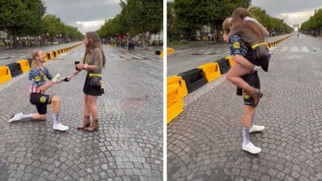 VIDEO Zijn Tour kan nooit meer stuk: Quinn Simmons vraagt vriendin ten huwelijk vlak na slotetappe