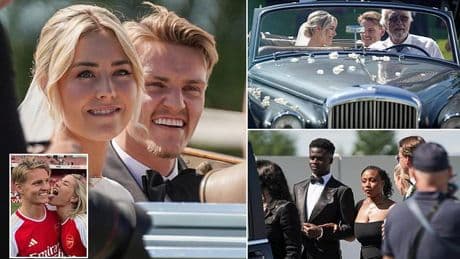 Martin Odegaard and his stunning wife Helene Spilling get married in Norway seven months after privately tying the knot... as Bukayo Saka and Arsenal team-mates lead wedding party