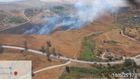 Bomberos forestales luchan contra el fuego por tierra y aire en Pizarra (Málaga)