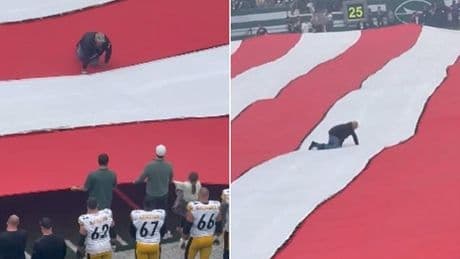 Eagle-eyed NFL fans spot man crawling over 100-foot USA flag before national anthem at Jets game