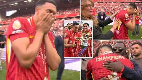 Trent Alexander-Arnold's emotional goodbye: Liverpool star breaks down in tears at Anfield after lifting the Premier League title - and reveals what 'meant so much to me' on final appearance for the club