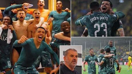 Inside Ange Postecoglou's emotional dressing room speech to his Tottenham stars as they celebrate reaching Europa League final against Man United