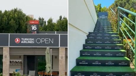 Golf stars have to climb onto a roof and tee off over a swimming pool in bizarre hole