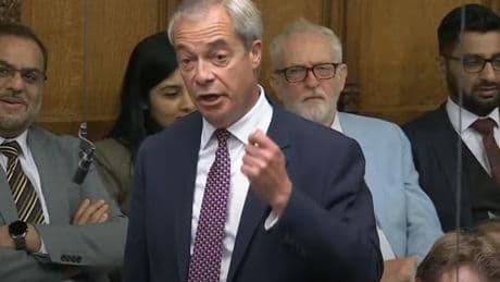 ‘Will you shut up’: Farage’s anti-Macron speech drowned out by hecklers