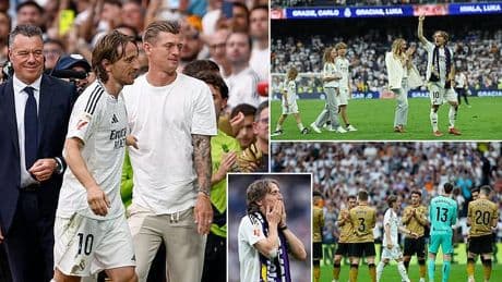 Real Madrid legend Luka Modric bids emotional farewell after 13 years as he is clapped off the pitch and joined by his family after playing his final home game for the club