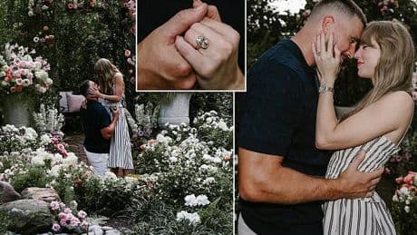 Taylor Swift and Travis Kelce announce they are engaged as she shows off HUGE ring and issues quirky statement about their romance