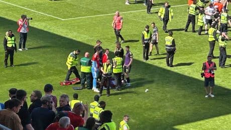 Police condemn ‘mindless act’ after Aberdeen player hit by missile thrown by own fans