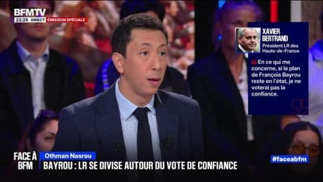 Vote de confiance: "Notre responsabilité est de ne pas mêler nos voix à la gauche, l'extrême gauche et le Rassemblement national", lance Othman Nasrou (Les Républicains)