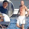 David Beckham ditches THOSE tight white pants as he goes shirtless in modest board shorts during luxury yacht trip with the Ramsays - after son Cruz, 20, sported the very same look