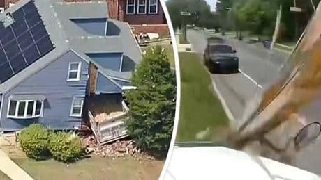 Dashcambeeld: chauffeur krijgt hartaanval en crasht in huis