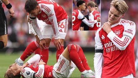 Arsenal dealt injury scare as Martin Odegaard is forced off in the first half against Leeds United - with Gunners left sweating on his fitness ahead of trip to title rivals Liverpool next Sunday