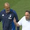 Bizarre moment Nottingham Forest owner Evangelos Marinakis marches onto the pitch to remonstrate with coach Nuno Espirito Santo as underdogs' Champions League hopes fade after draw against Leicester