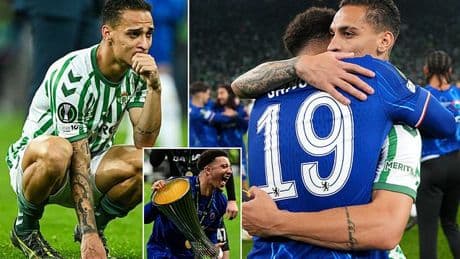 Tearful Antony is consoled by his former Man United team-mate Jadon Sancho as Real Betis capitulate against Chelsea in Conference League final