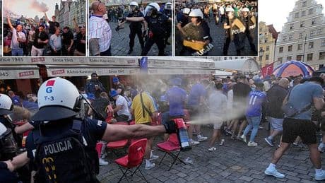 Chelsea and Real Betis fans clash as trouble flares ahead of Conference League final in Poland... as Blues supporters are PEPPER-SPRAYED by police