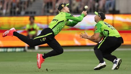 Cricket stars Bancroft and Sams rushed to hospital after horrific collision as commentator grimaces ‘it’s hard to watch’