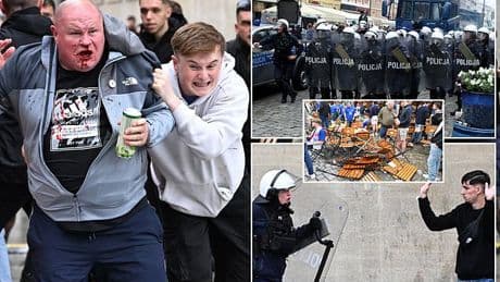 Chaos in Wroclaw: Chelsea fan is set upon by Betis supporters as Conference League build up turns nasty - with Polish police firing water cannons and PEPPER SPRAY at travelling fans