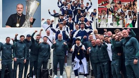 Tottenham stars pose with Europa League trophy after landing back in England - but who is the one player NOT smiling for the camera?