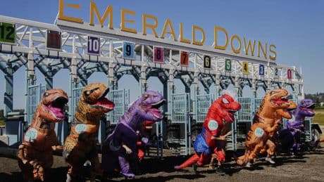 The Bright Side: Runners in T-rex costumes turn US racecourse into prehistoric playground