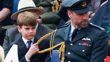 Prince Louis, 7, tugs on Prince William’s uniform and makes silly faces at VE Day 80th anniversary event