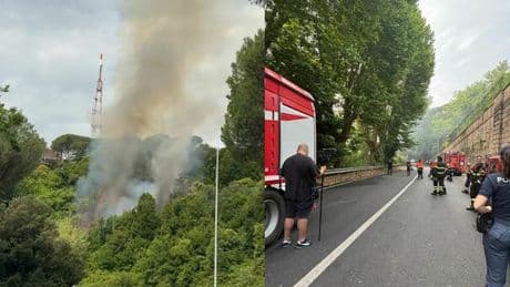 Roma, incendio sulla collina di Monte Mario: chiusa via Trionfale in entrambe le direzioni, le fiamme accanto a una tendopoli
