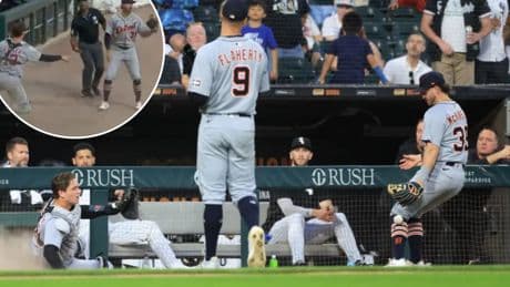 Tigers players combine for jaw-dropping catch on pop out
