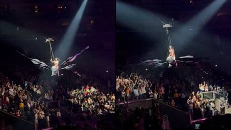Paura per Katy Perry durante un concerto: la farfalla gigante si sgancia e la cantante rischia di precipitare
