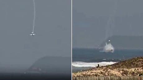 Horrifying moment plane spirals out of control and slams into the sea during final display at air show as rescuers search for veteran pilot