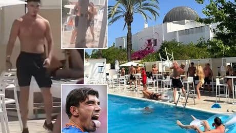 Ibiza hotel issue bizarre statement on poolside brawl and claim 'NO chairs were thrown' after footballer floored middle-age woman - and reveal her reaction after being hit
