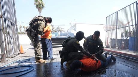 Photos of border patrol arresting a woman selling food and workers at an LA car wash